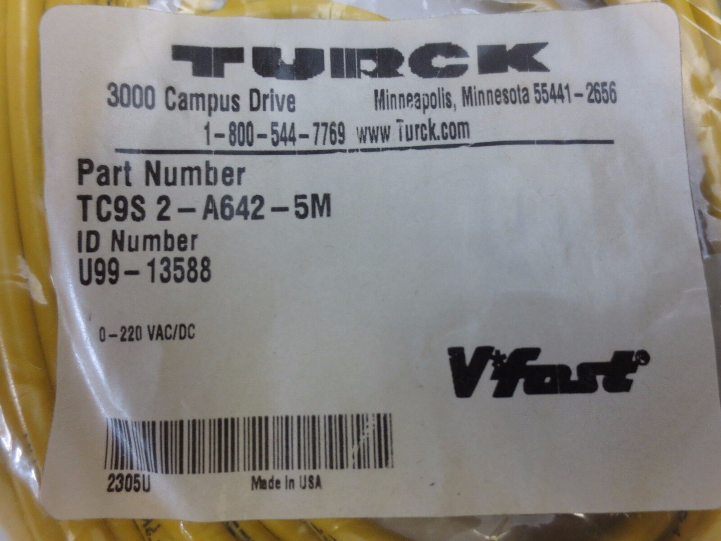 TURCK V-FAST TC9S 2-A642-5M / U99-13588 CORDSET - 0-220VAC/DC - NEW SURPLUS