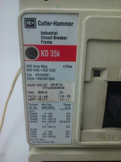 CUTLER HAMMER CIRCUIT BREAKER KD4400F 400A 4P 600V 300A TRIP KT3300T SNT3P11K