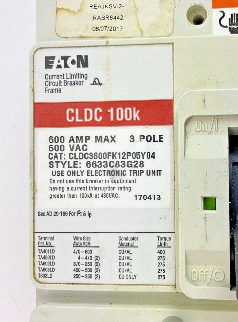 EATON CLDC36000FK12P05Y04 CIRCUIT BREAKER 600A/ 6LES600T 120A TRIP