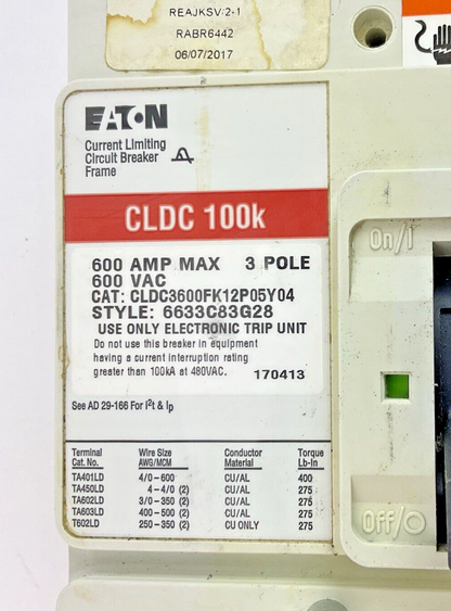 EATON CLDC36000FK12P05Y04 CIRCUIT BREAKER 600A/ 6LES600T 120A TRIP