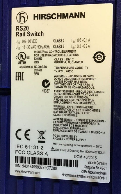HIRSCHMANN RS20-0800T1T1SDAUHH ETHERNET RAIL SWITCH 8PORT 60VDC 30VAC 50HZ/60HZ