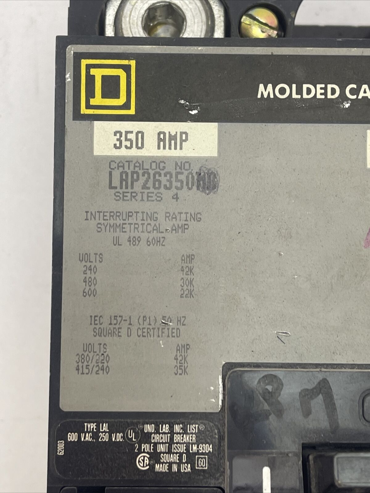 SQUARE D LAP26350MB CIRCUIT BREAKER 350A 600VAC 2POLE