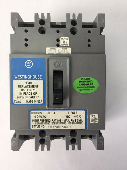 WESTINGHOUSE RHFA3020 CIRCUIT BREAKER 20AMP 600VAC 3POLE 1375D85G23