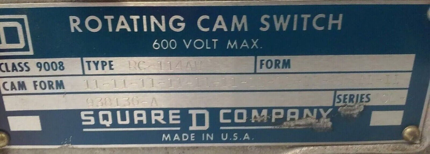 SQUARE D ROTATING CAM LIMIT SWITCH CLASS 9008, TYPE RC-114AW, SER. FOL-2, 600V