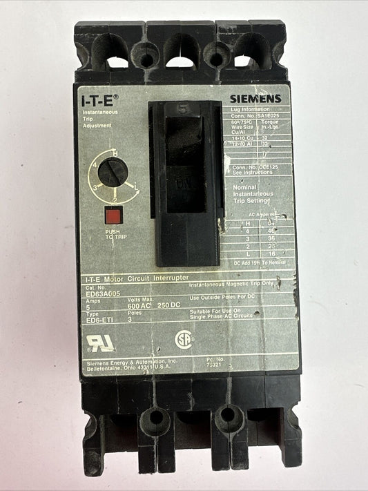 SIEMENS ITE ED63005 MOTOR CIRCUIT INTERUPTER 600VAC 250VDC 5AMP 3POLE