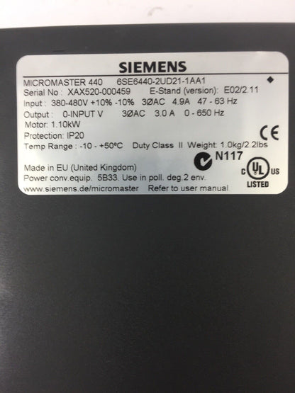 SIEMENS 6SE6440-2UD21-1AA1 MICROMASTER 440 INPUT: 380-480V