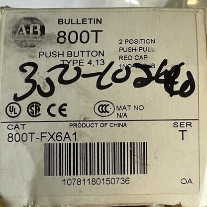 ALLEN BRADLEY 800T-FX6A1 PUSH BUTTON 2 POS. PUSH-PULL SER.T MISSING RED CAP