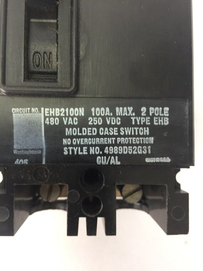 WESTINGHOUSE EHB2100N NON AUTO CIRCUIT BREAKER 100AMP 2POLE 480VAC 250VDC
