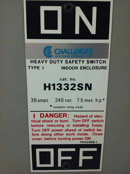 CHALLENGER H1332SN SAFETY SWITCH, TYPE 1 INDOOR, 30A, 240V, FUSIBLE, NEW