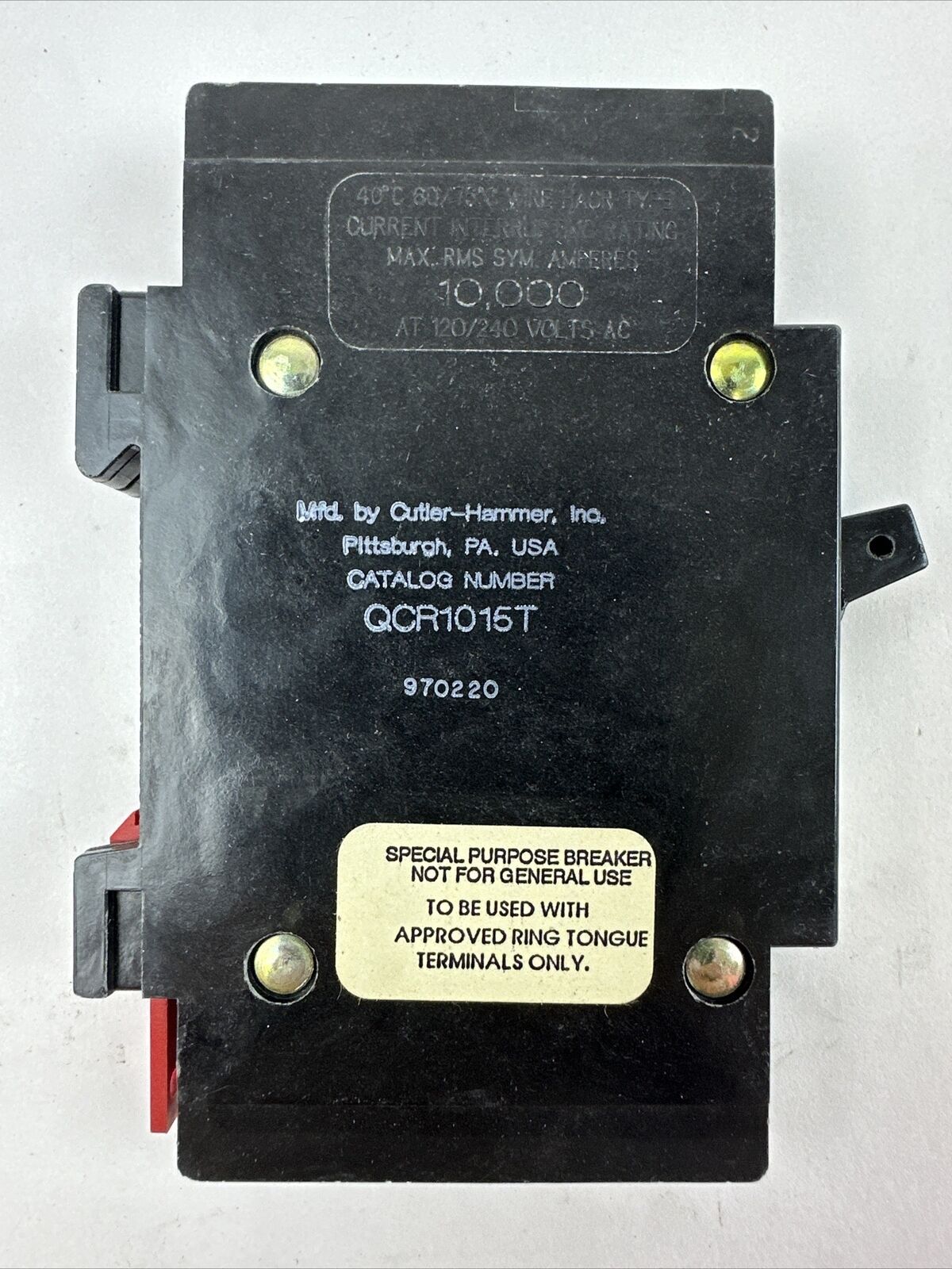 CUTLER HAMMER QCR1015T CIRCUIT BREAKER 15A 120/240VAC 1POLE