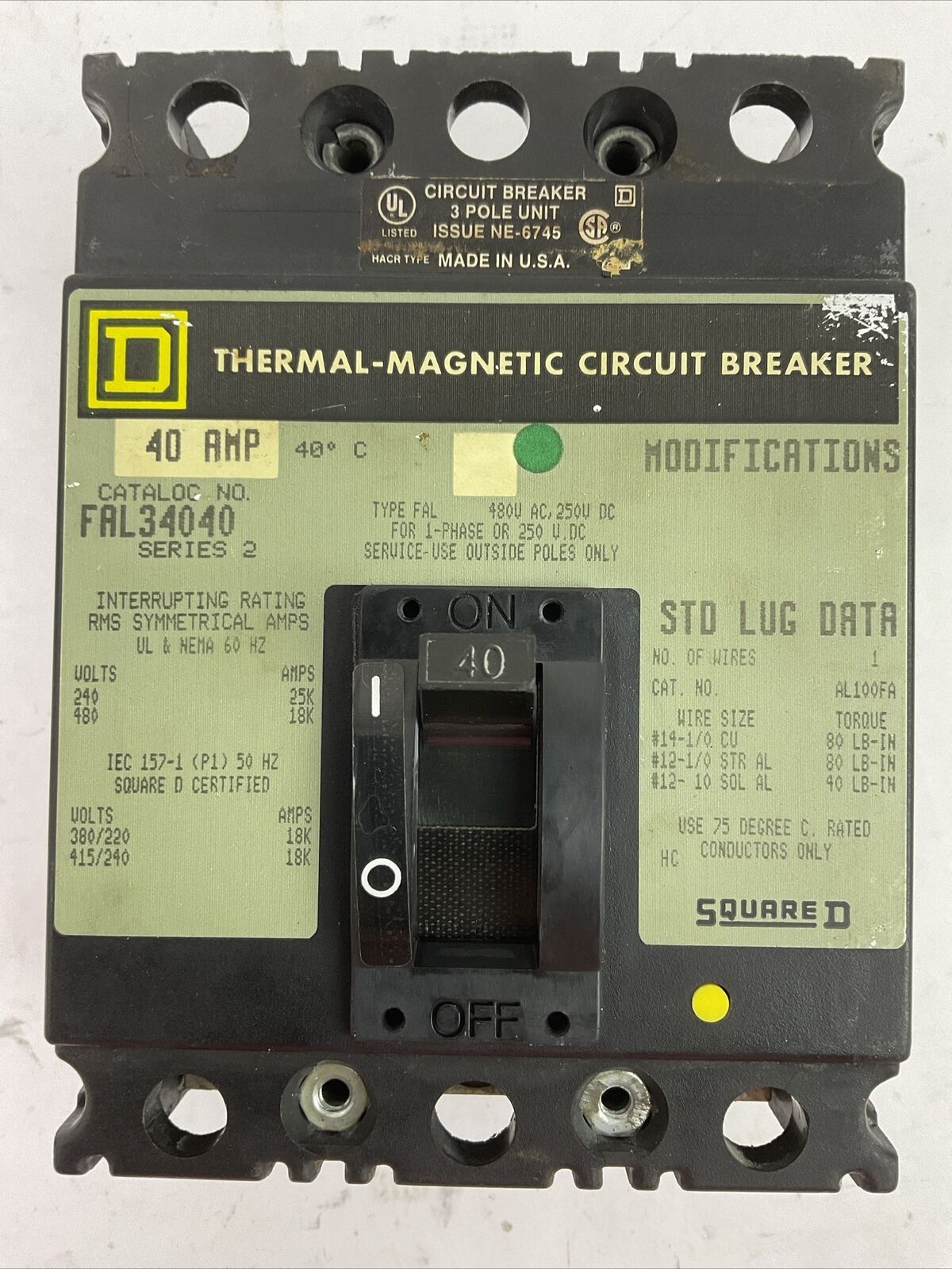 SQUARE D FAL34040 TYPE FAL 40AMP 480VAC 250VDC 3POLE CIRCUIT BREAKER