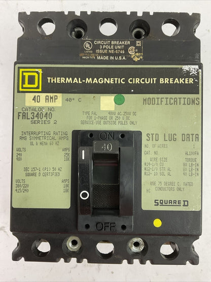 SQUARE D FAL34040 TYPE FAL 40AMP 480VAC 250VDC 3POLE CIRCUIT BREAKER