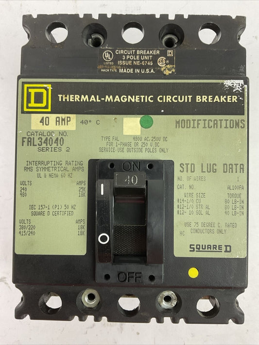 SQUARE D FAL34040 TYPE FAL 40AMP 480VAC 250VDC 3POLE CIRCUIT BREAKER