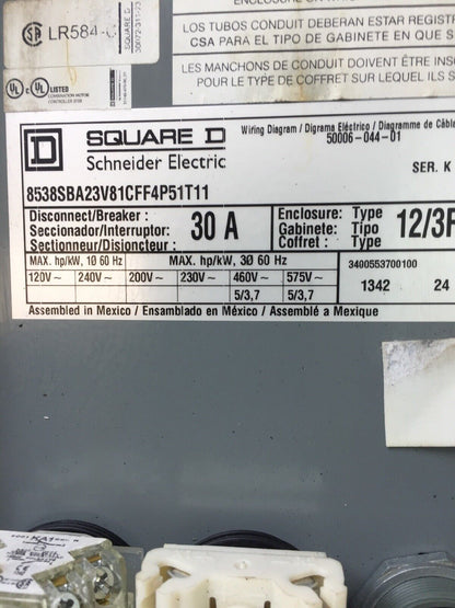 SQUARE D 8538SBA23V81CFF4P51T11 SIZE 0 COMBINATION STARTER 575VAC 30A TYPE 12/3R