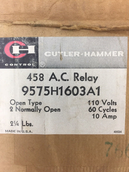 CUTLER HAMMER 9575H1603A1 458 A.C. RELAY 100 VOLT 60 CYCLES 10 AMP OPEN TYPE