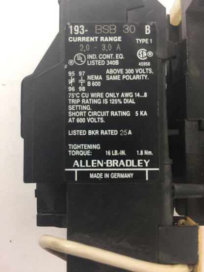 ALLEN BRADLEY 100-A09ND3 CONTACTOR SER B 600VAC 9A W/ 193-BSB30 RELAY 2-3A
