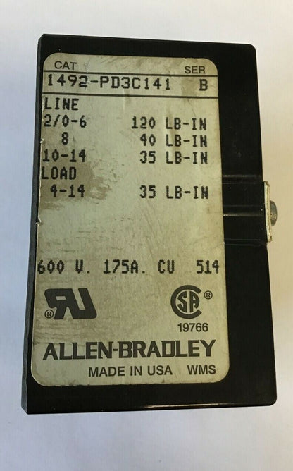 ALLEN BRADLEY 1492-PD3C141 DISTRIBUTION/ POWER BLOCK SER.B 600V 175A