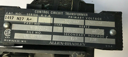 ALLEN BRADLEY 1497 N27 SER.A PRIM.240/480V  TYPE M  60HZ 0.05KVA TRANSFORMER