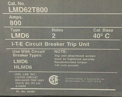 ITE LMD62T800 CIRCUIT BREAKER TRIP UNIT 800AMP MAGNETIC ADJ 3200-8000