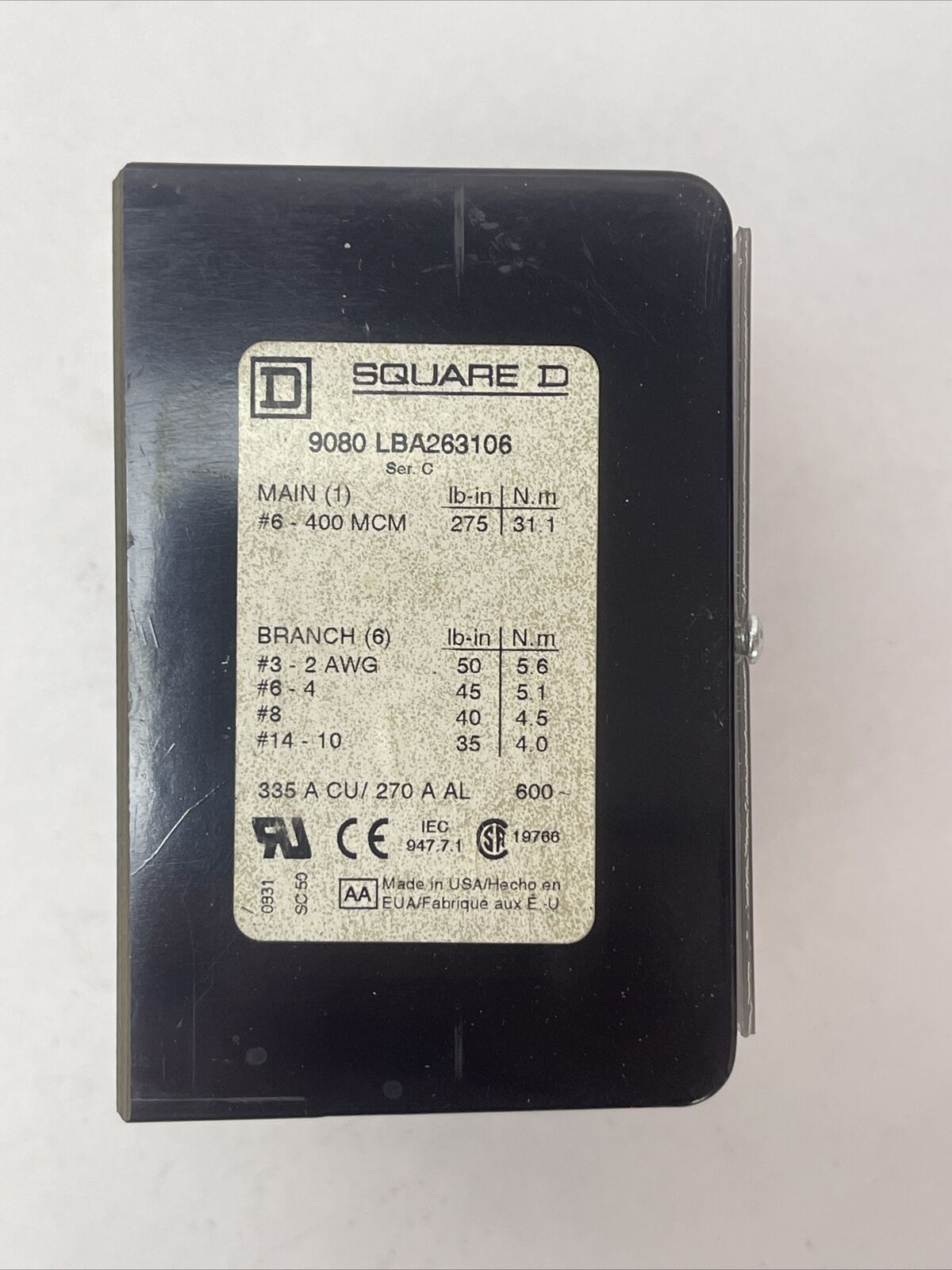 SQUARE D 9080 LBA263106 POWER DISTRIBUTION BLOCK 335A 600VAC