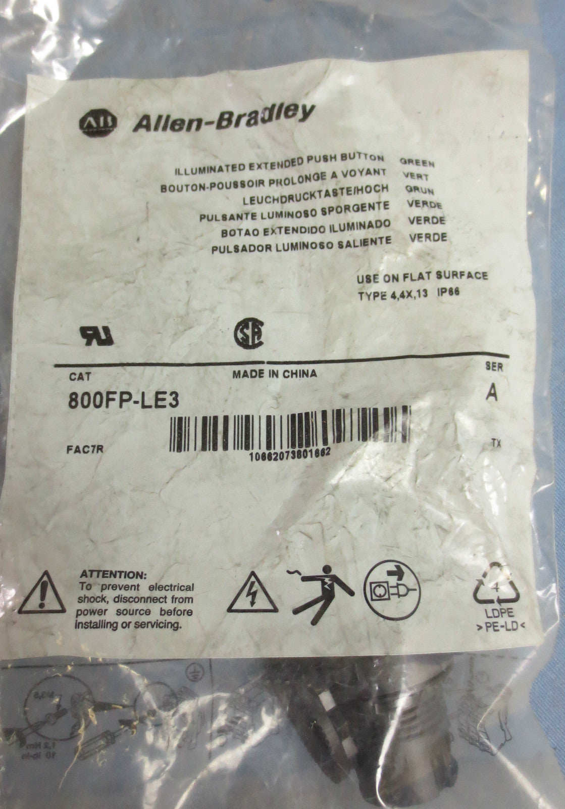 ALLEN-BRADLEY 800FP-LE3 ILLUMINATED EXTENDED PUSH BUTTON - GREEN - NEW SURPLUS