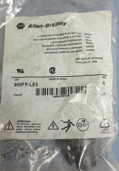 ALLEN-BRADLEY 800FP-LE3 ILLUMINATED EXTENDED PUSH BUTTON - GREEN - NEW SURPLUS