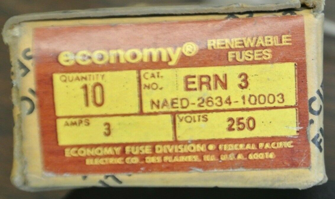 BOX of 10 / ECONOMY ERN3 RENEWABLE FUSE / 3A / 250V / NEW SURPLUS / ERN 3