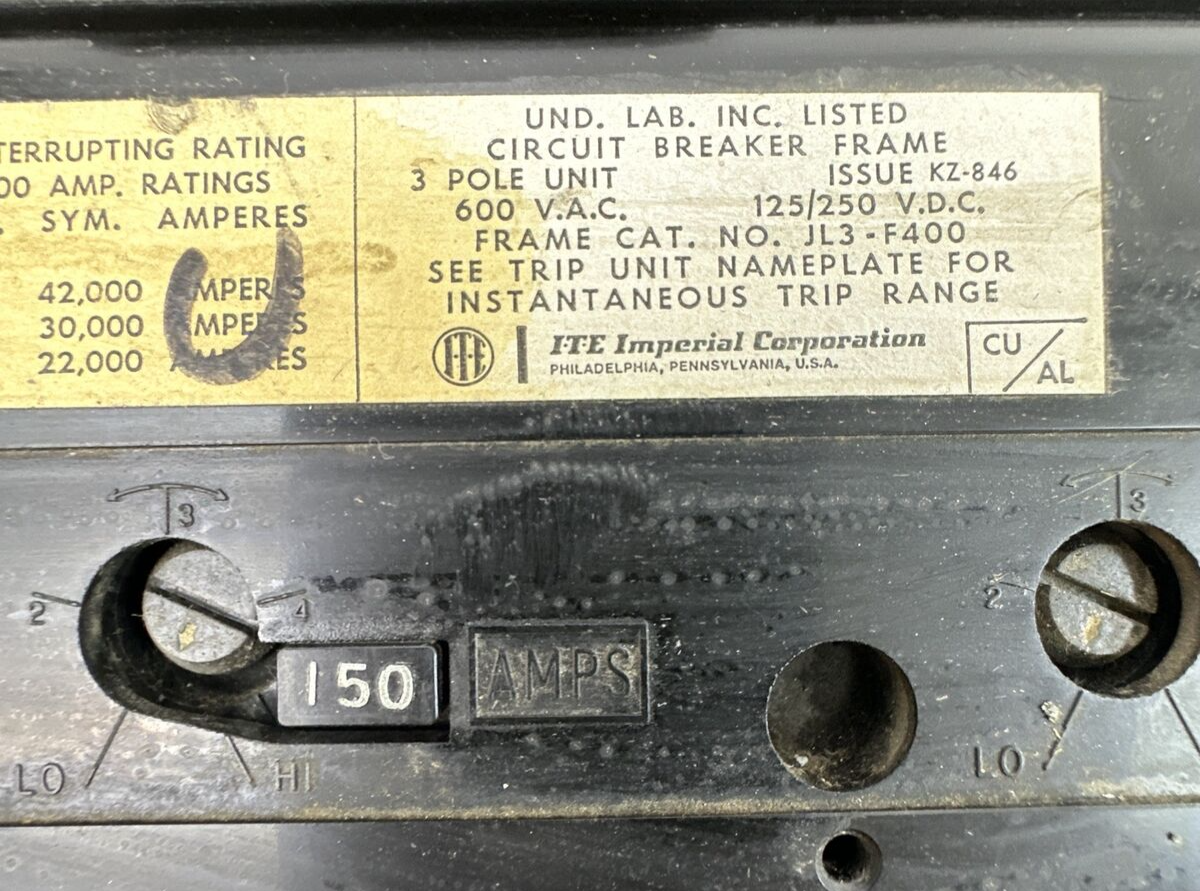 ITE JL3-F400 600VAC 125/250VDC 3POLE JL3-T150 150AMP CIRCUIT BREAKER TRIP UNIT