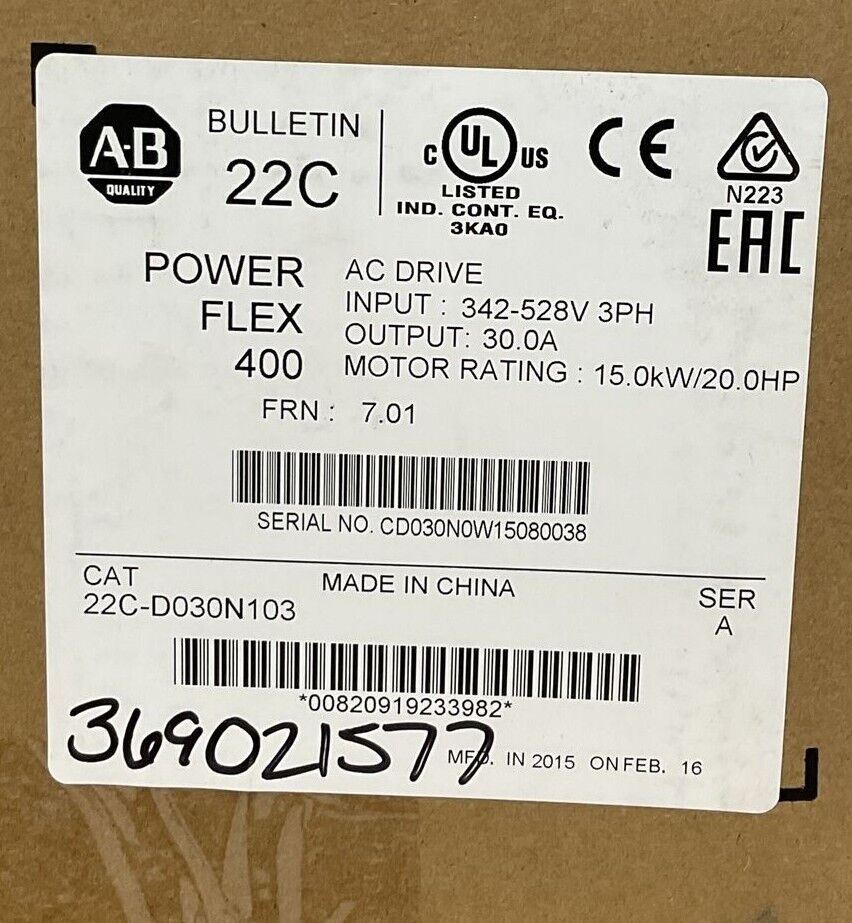 ALLEN BRADLEY 22C-D030N103 SER A FRN 7.01 POWER FLEX 400 AC DRIVE OUTPUT 30.0A