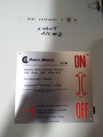 POWERMASTER EATON H364NFK, SAFETY SWITCH, 200A, 600V/250DC, 3P, 150 H.P., USED