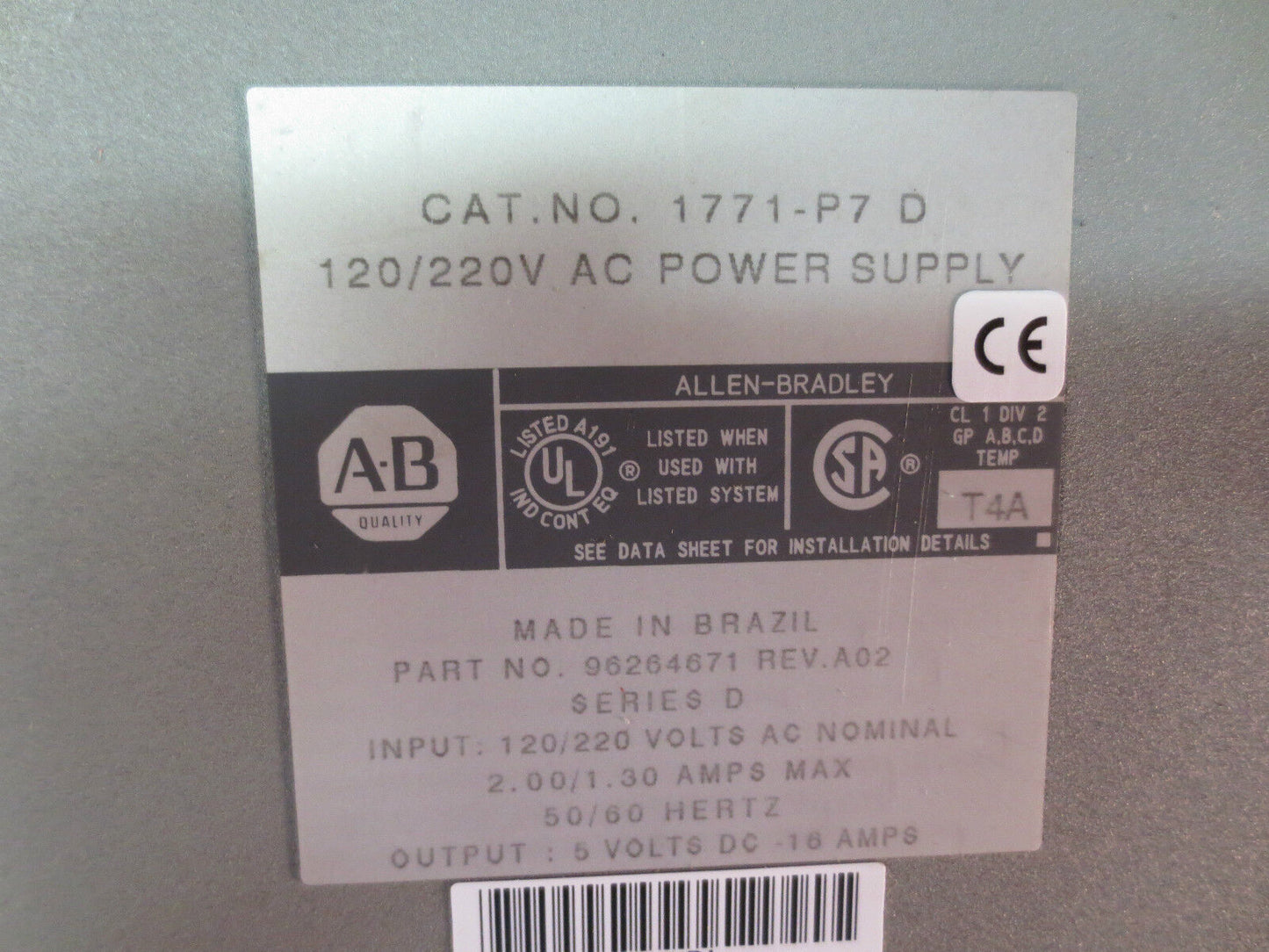 ALLEN-BRADLEY 1771-P7 D, 120/220V AC POWER SUPPLY, Ser. D