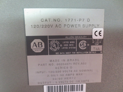 ALLEN-BRADLEY 1771-P7 D, 120/220V AC POWER SUPPLY, Ser. D
