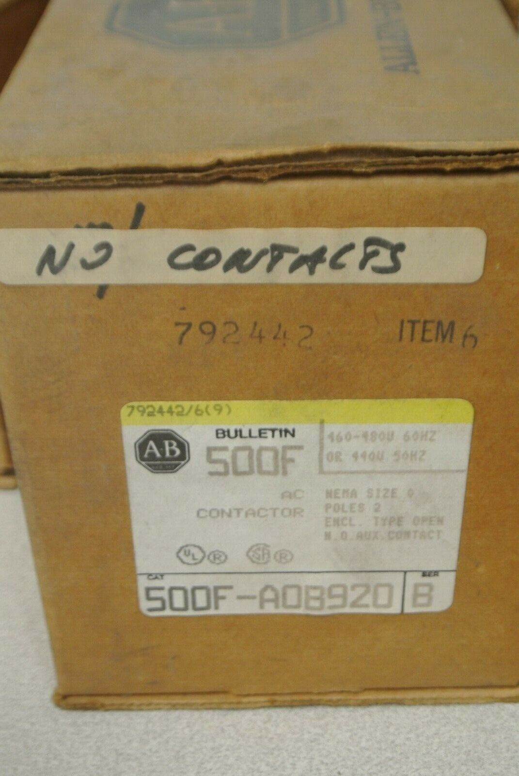ALLEN-BRADLEY 500F-AOB920 / AC CONTACTOR / SIZE 0 / 2-POLE / NO CONTACTS