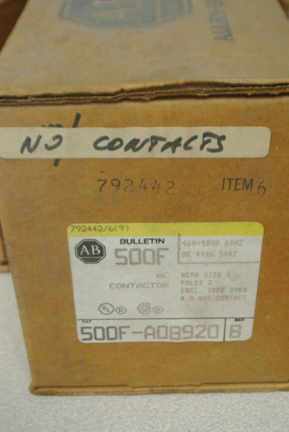 ALLEN-BRADLEY 500F-AOB920 / AC CONTACTOR / SIZE 0 / 2-POLE / NO CONTACTS