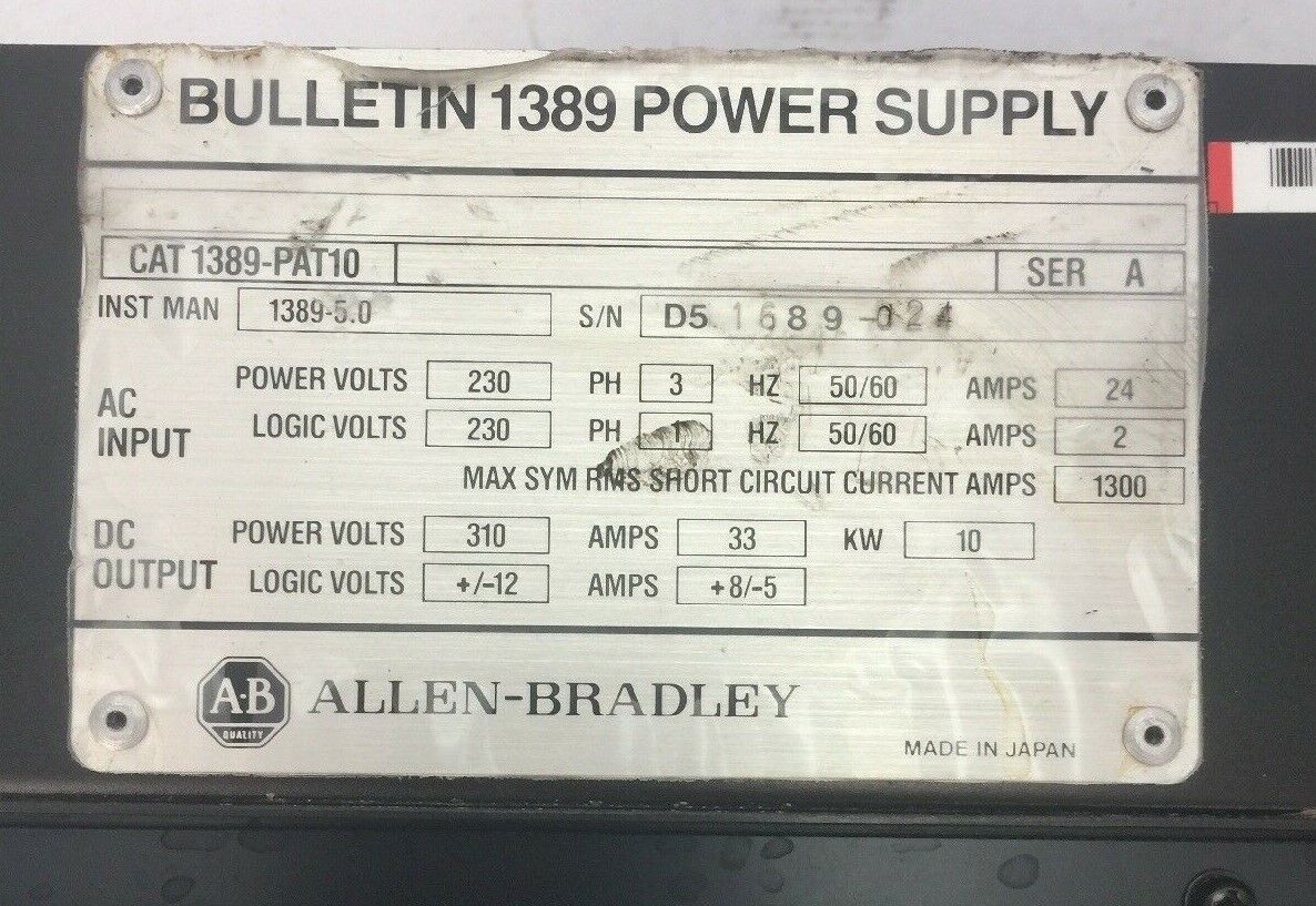 ALLEN BRADLEY 1389-PAT10 POWER SUPPLY SER A  INPUT 230VAC OUTPUT 310VDC 33A 10KW