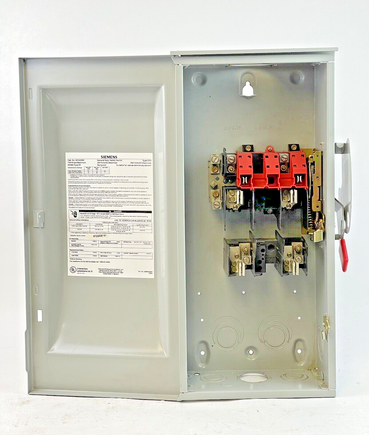 SIEMENS - GF223NR - RAINPROOF SAFETY SWITCH-2 POLE, 100A, 240 VAC, 250 VDC, 3R