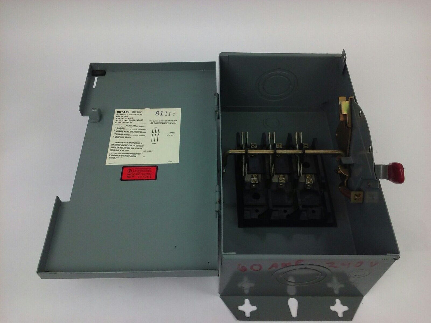 WESTINGHOUSE GUN322 60A, 240V, 3PH, NON FUSIBLE, TYPE 1 INDOOR ENCLOSURE, NEW