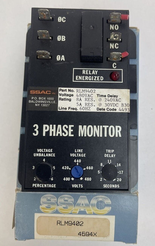 SSAC RLM9402 3 PHASE MONITOR 480VAC 8A RES @ 240VAC 5A RES @ 30VDC