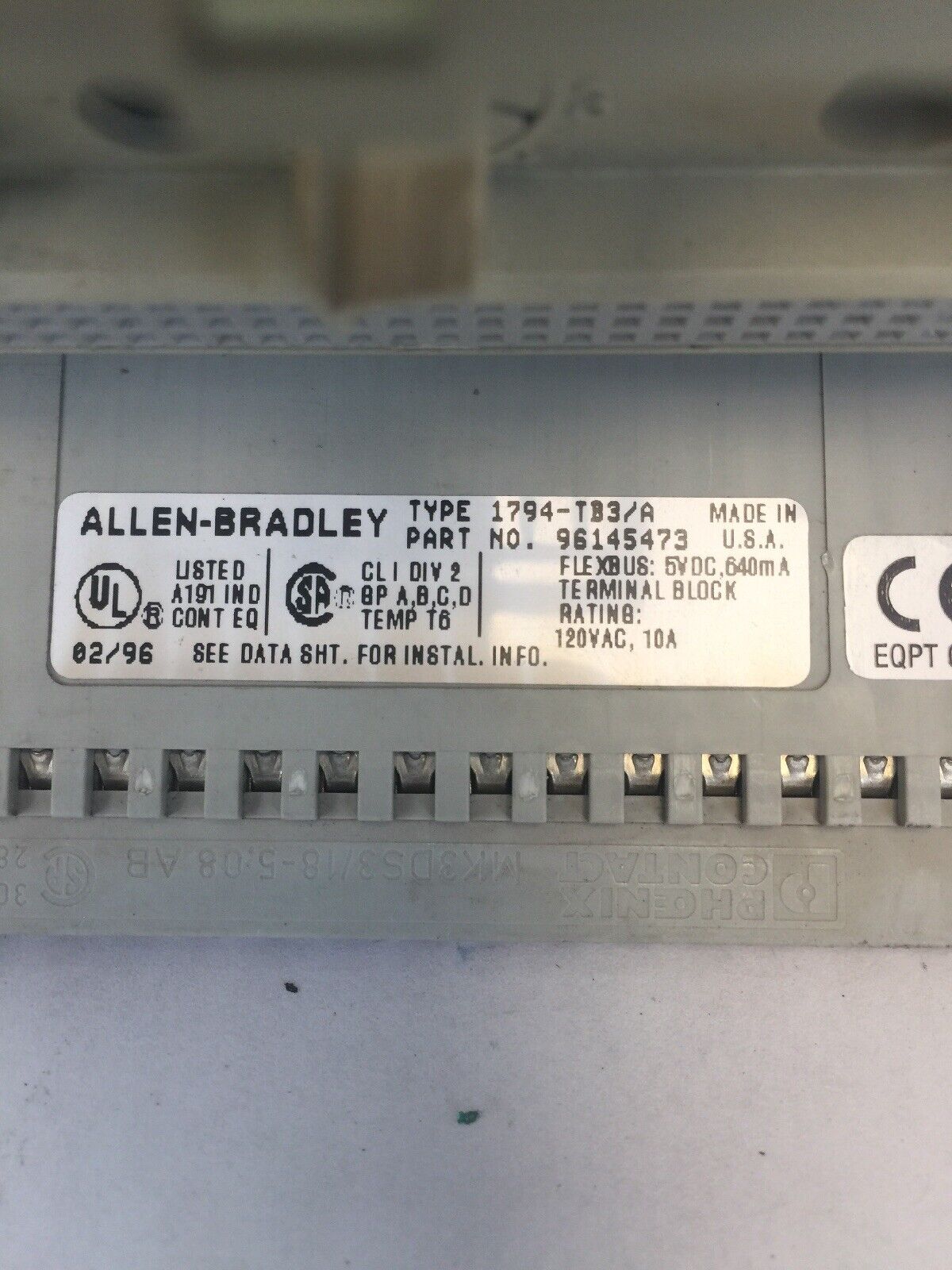 ALLEN BRADLEY 1794-TB3/A FLEX I/O TERMINAL BLOCK 5VDC 640mA