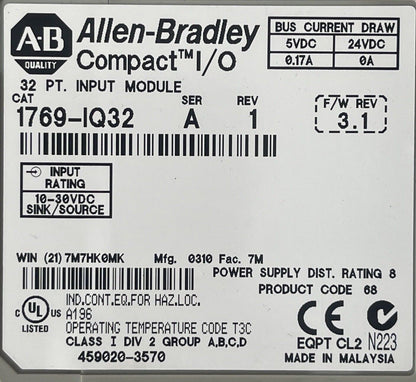 ALLEN BRADLEY 1769-IQ32 COMPACT I/O 32PT INPUT MODULE SER A REV 1 F/W REV 3.1