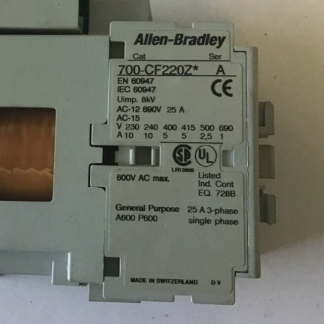 ALLEN BRADLEY 700-CF220Z* CONTACTOR SER.A 600VAC 25A 3PH W/ 100-FSV55