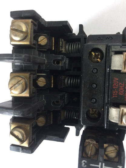 ALLEN BRADLEY 509-B0D SIZE 1 STARTER 600VAC 27AMP 10HP W40 HEATERS 120V COIL