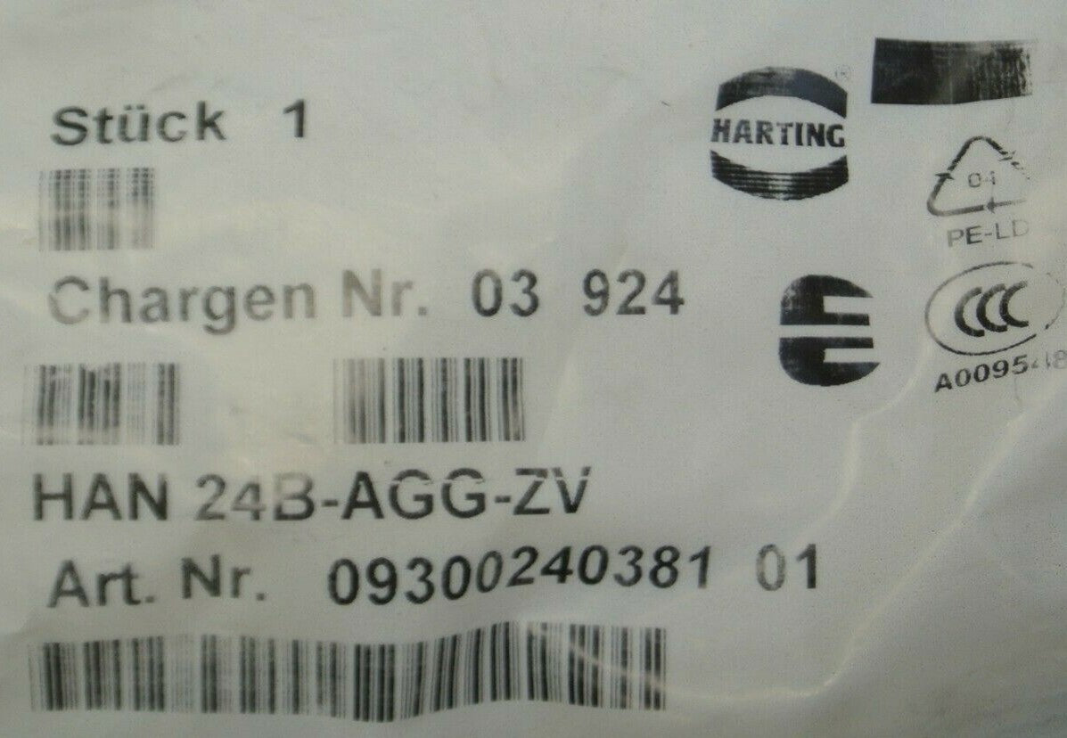 HARTING 09300240381 / HAN 24B-AGG-ZV / RECTANGULAR POWER BASE / NEW SURPLUS