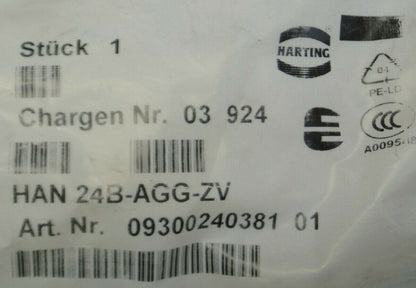 HARTING 09300240381 / HAN 24B-AGG-ZV / RECTANGULAR POWER BASE / NEW SURPLUS
