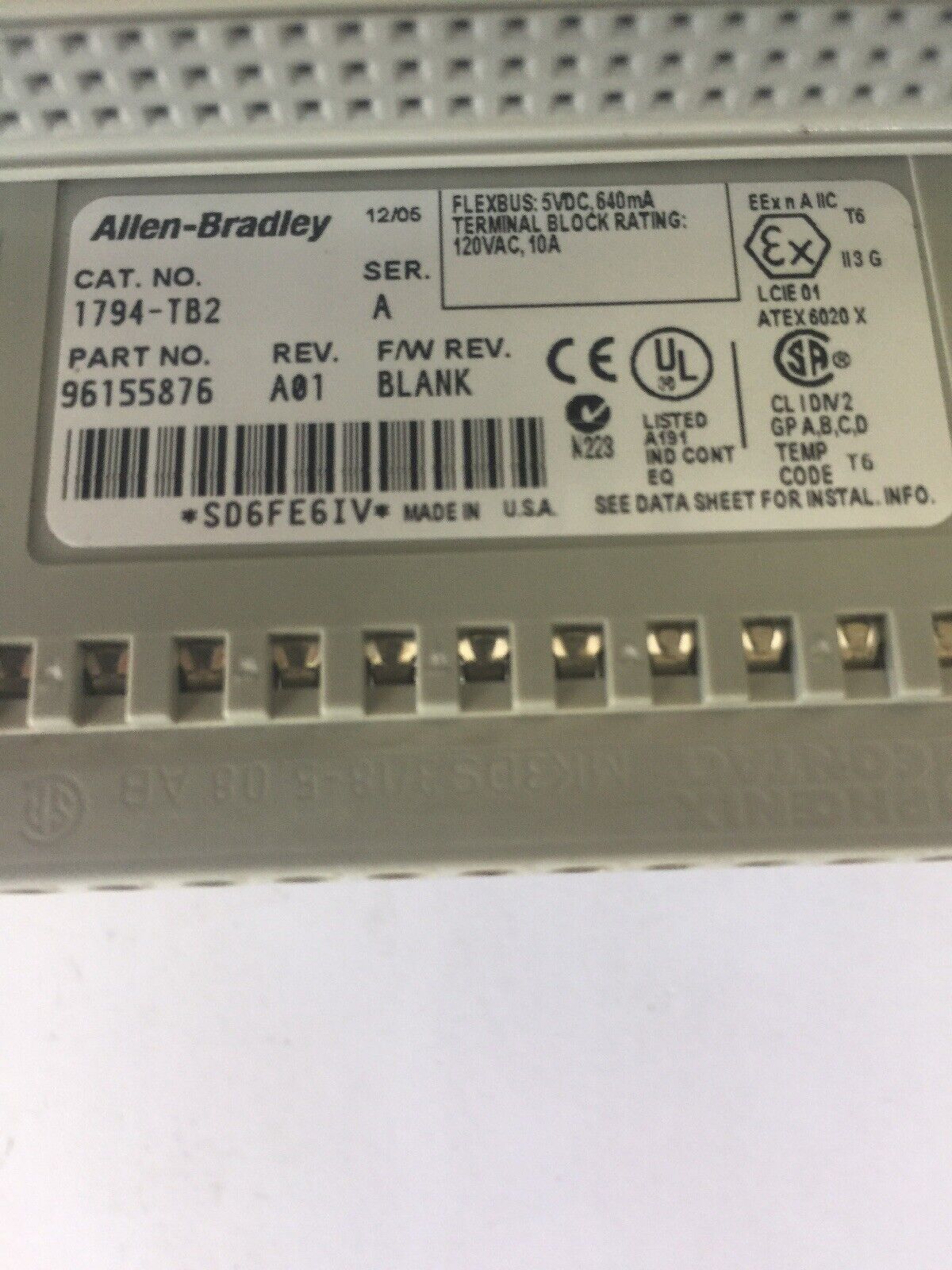 ALLEN BRADLEY 1794-TB2 I/O TERMINAL BLOCK SER A REV A01 F/W REV BLANK 5VDC