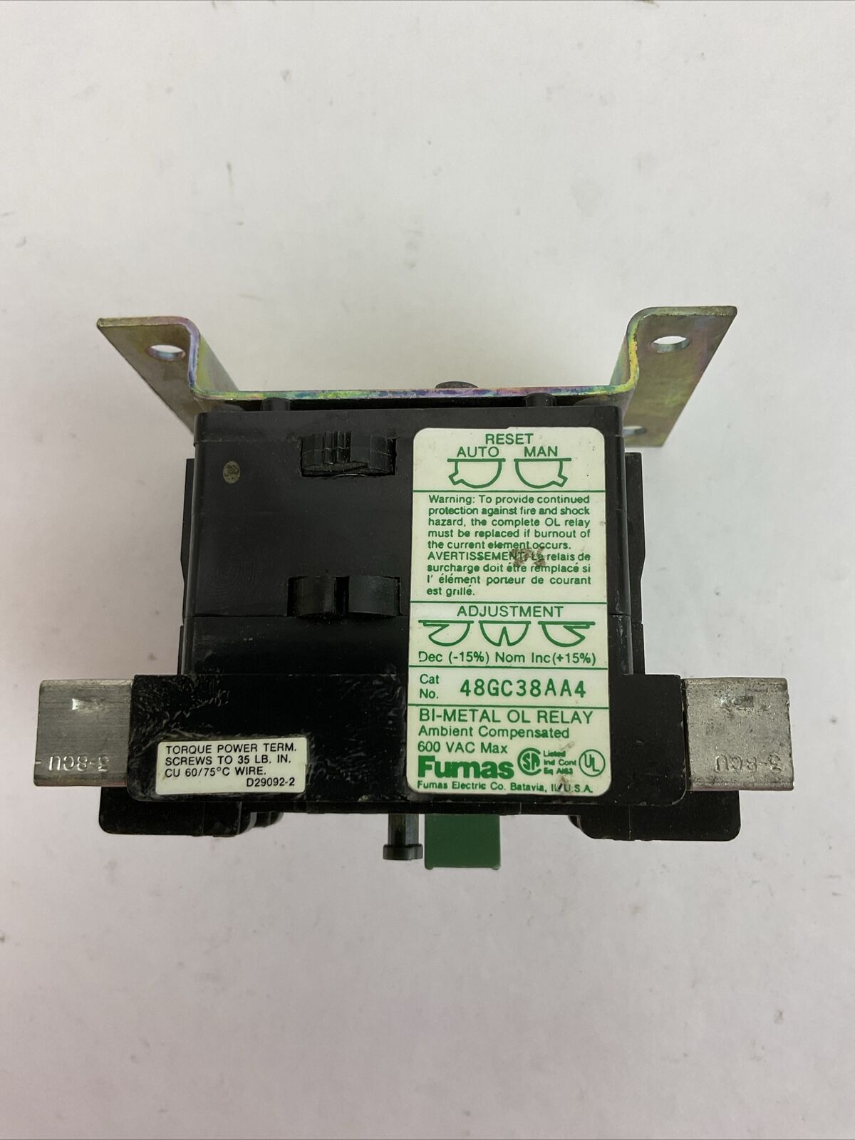 FURNAS 48GC38AA4 OVERLOAD RELAY 600VAC MISSING LUG/SCREW