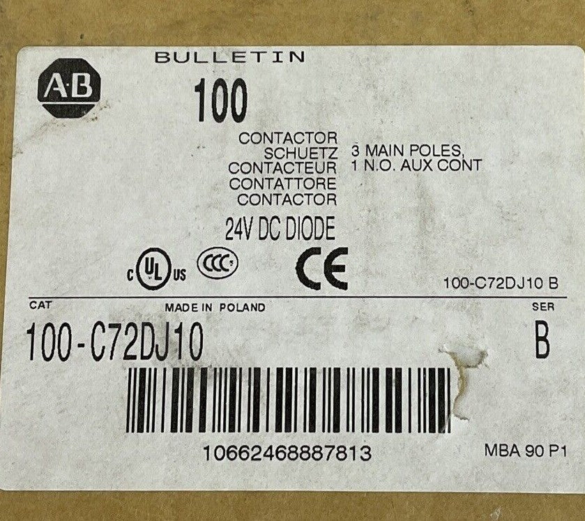 ALLEN BRADLEY 100-C72DJ10 CONTACTOR 24VDC SER.B 3POLE W/ 100-S AUX. CONTACT