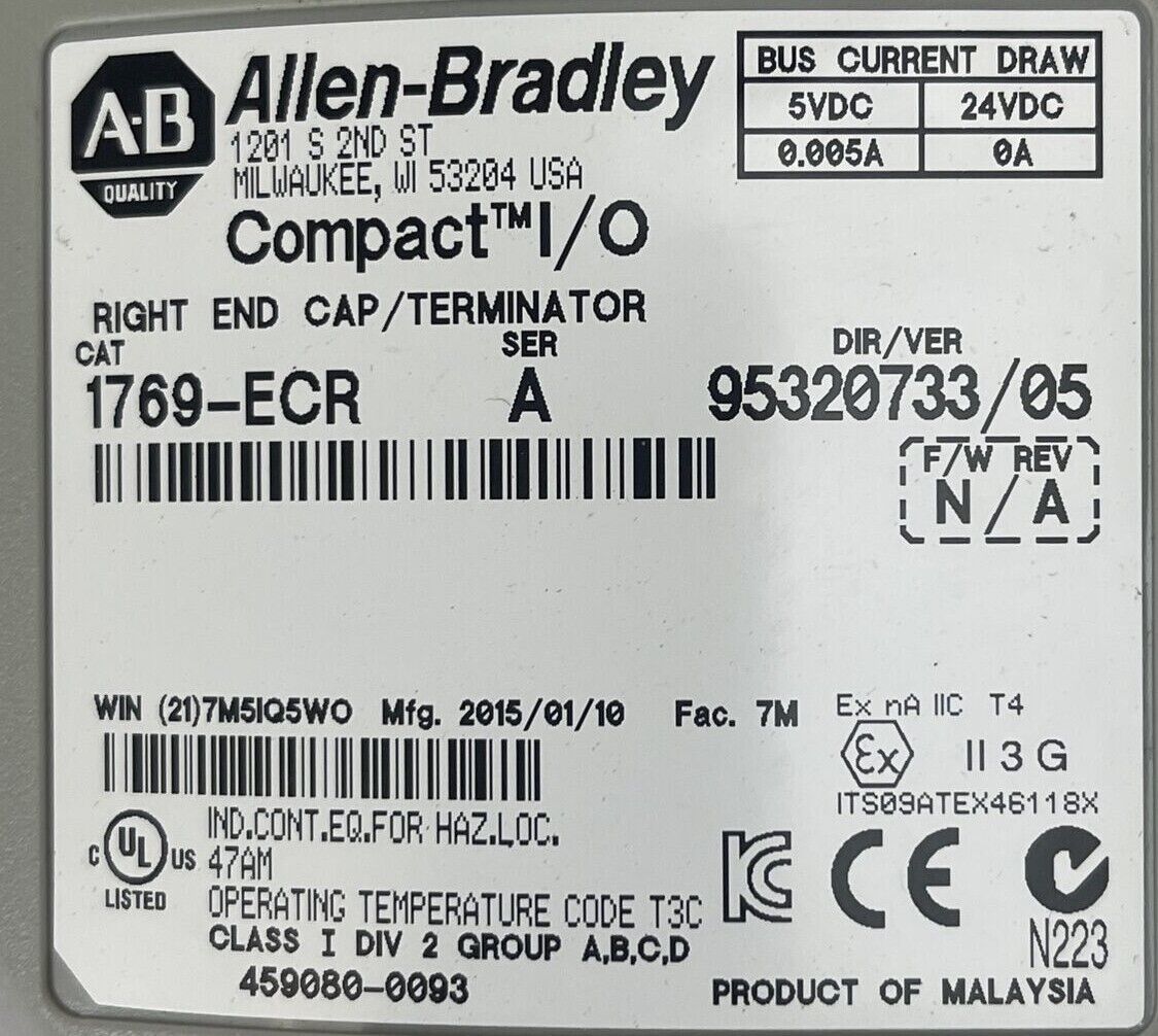 ALLEN BRADLEY 1769-ECR COMPACT I/O SER A RIGHT END CAP / TERMINATOR F/W REV N/A