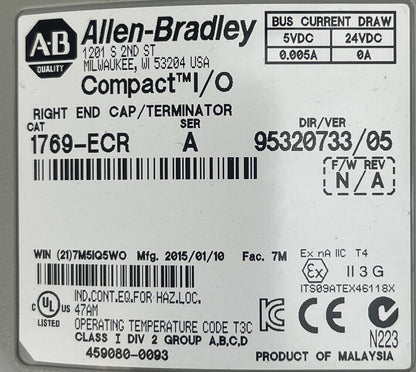 ALLEN BRADLEY 1769-ECR COMPACT I/O SER A RIGHT END CAP / TERMINATOR F/W REV N/A