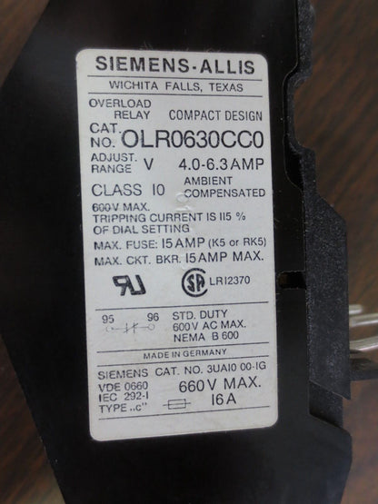 SIEMENS-ALLIS OLR0630CC0 THERMAL OVERLOAD RELAY 4.0A to 6.30A RANGE, NEW SURPLUS